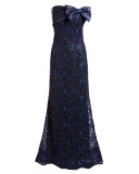 Off-the-Shoulder Embroidered Mermaid Gown, Navy