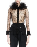 Ruffle-Neck Sequined Sheer Blouse, Black