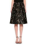 Mid-Rise Printed Full Skirt, Black