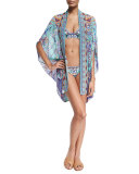 Open-Front Embellished Silk Cardigan/Cape Coverup, Divinity Dance