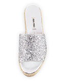 Glitter Platform Espadrille Slide Sandal, Argento
