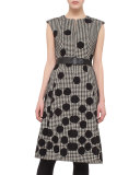 Belted Dotted Houndstooth Sleeveless Dress, Black/Cream