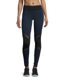 Pulsar Colorblock Mesh-Panel Athletic Leggings, Navy