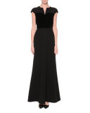 Split-Neck Cap-Sleeve Gown, Black