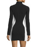 Pierced Colorblock Long-Sleeve Dress, Black/White