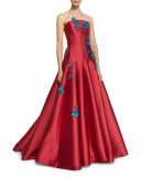 Floral-Appliqué Strapless A-Line Gown, Rose Red