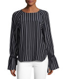 Voluminous Cuff Silk Blouse, Navy & Blanc Pristine Stripe