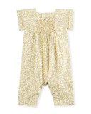 Short-Sleeve Floral Poplin Romper, Beige, Size 3M-2