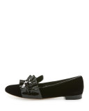 Ruched-Patent Velvet Loafer, Black