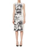 Sleeveless Floral Sheath Dress, Black/White