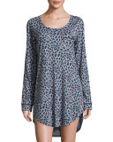 Bella Leopard-Print Long-Sleeve Sleep Dress, Dove Gray/Black