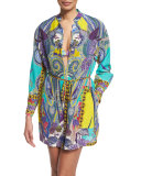 Butterfly Paisley-Print Button-Down Coverup Top