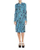 Printed V-Neck Long-Sleeve Dress, Cobalt