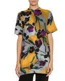 Floral V-Neck Short-Sleeve Tunic, Dark Smoke