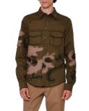 Unfinished-Hem Panther-Embroidered Military Shirt, Olive