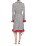 Mesquite Gingham Lace-Cuff Trenchcoat, Black/White