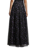 Violet-Print Organza Ball Skirt, Black/Purple 