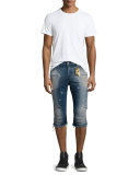 Motard Distressed Past-Knee Denim Shorts, Blue