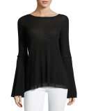 Bell-Sleeve Tulle Top w/ Keyhole Back, Black