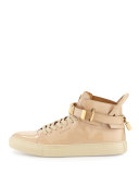 Women's 100mm Belted Patent High-Top Sneaker, Nude