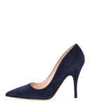 licorice suede pointed-toe pump, navy
