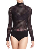 Long-Sleeve Netted Mesh Bodysuit, Black