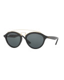 Monochromatic Brow-Bar Sunglasses, Black/Dark Green