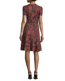 Villa Geo-Knit Short-Sleeve Fit-&-Flare Dress, Caviar/Hibiscus/Multi