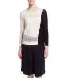 Colorblock Open-Weave Sweater, Black/White