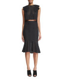 Eyelet Peplum Pencil Skirt, Black