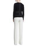 Topstitched Scuba Long-Sleeve Top, Navy