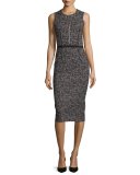 Sleeveless Tweed Zip-Front Sheath Dress, Black