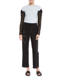 Trompe l'Oeil Floral-Embroidered Pants, Black