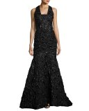 Penelope Rosette Jacquard Mermaid Gown, Black