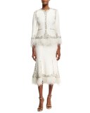 Beaded Boucle Trumpet Skirt with Feather Hem, Ivory
