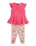 Cotton Twill Peplum Top w/ Floral Jersey Leggings, Active Pink, Size 9-24 Months