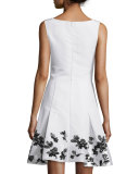 Feather-Embellished Faille Cocktail Dress, Ivory/Black