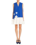 Sleeveless Bicolor Star-Print Dress, Klein Blue