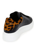 Low-Top Leopard Leather Platform Sneaker, Black