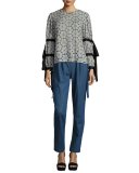 Eyelet Tie-Sleeve Blouse, Gray