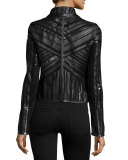 Cropped Leather Strip Combo Jacket, Black