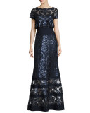 Short-Sleeve Embellished Tulle Blouson Gown, Navy