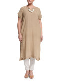 Drappo Short-Sleeve Long Linen Dress W/ Side Slits, Plus Size