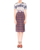 Short-Sleeve Bleached Plaid Dress, Royal Blue