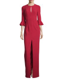 3/4-Sleeve Ponte Column Gown, Red
