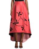 Stretch Jacquard Floral High-Low Skirt, Coral