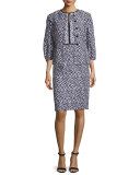 Tweed Keyhole Sheath Dress, Navy/White