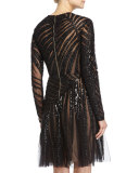 Long-Sleeve Linear-Beaded Dress, Black