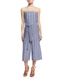 Lucie Strapless Striped Chambray Jumpsuit, Blue