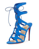 Amazoulo Caged Suede Red Sole Sandal, Electric